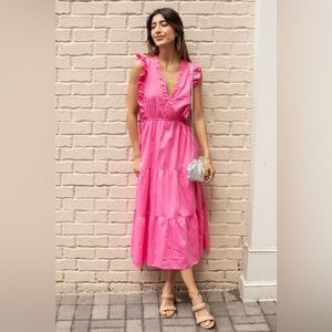 Stark X Levi Tiered V-Neck Flutter Sleeve Midi Dress Hot Pink‎